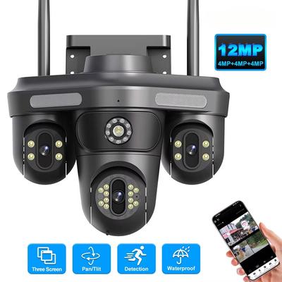 6K 12MP WiFi IP Camera Outdoor Three Lens Panoramic View PTZ IP Cam Motion Detection Security Protection CCTV Video Surveillance