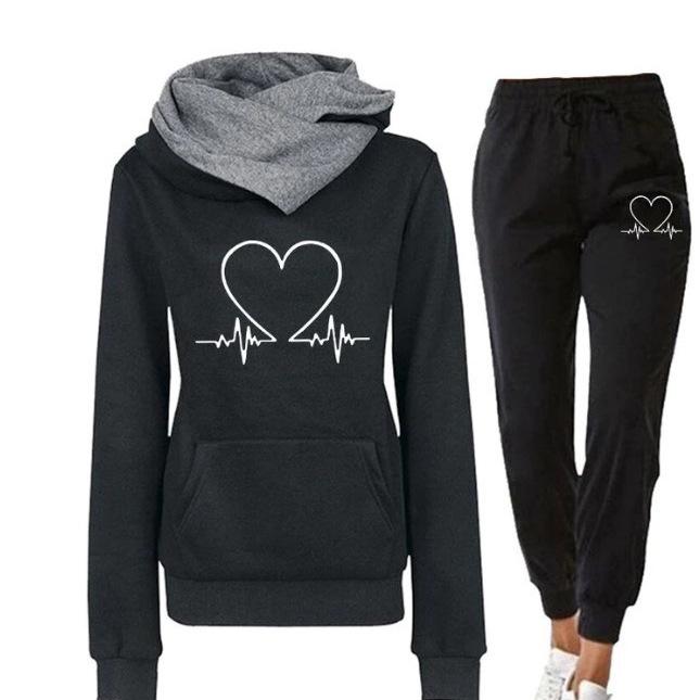 Women's Heartbeat Print Hoodie & Sweatshirt Set - Casual Sportswear for Spring & Autumn
