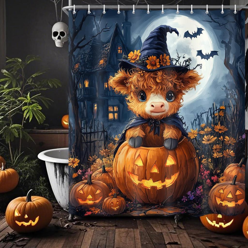 Halloween Shower Curtain, Black Cute Ghost Pumpkin Spooky Shower Curtain for Bathroom, Funny Halloween Holiday Cartoon Spooky