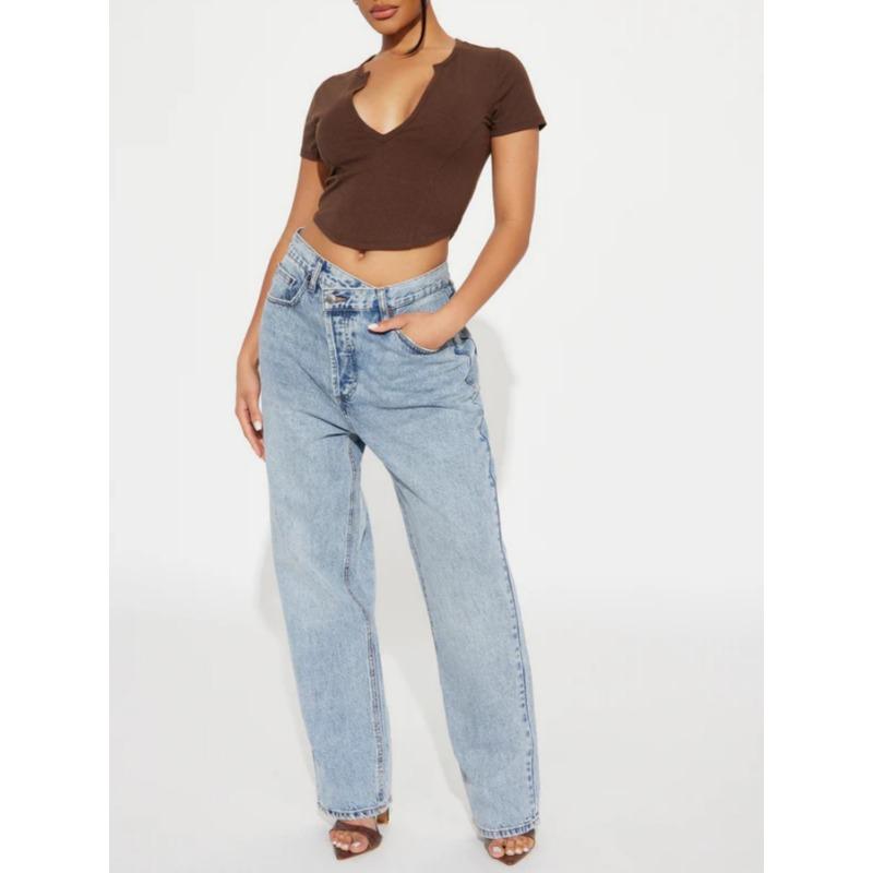 Women Sexy Deep V Neck Cropped Short Sleeve Slim Fit Casual Sports T Shirt