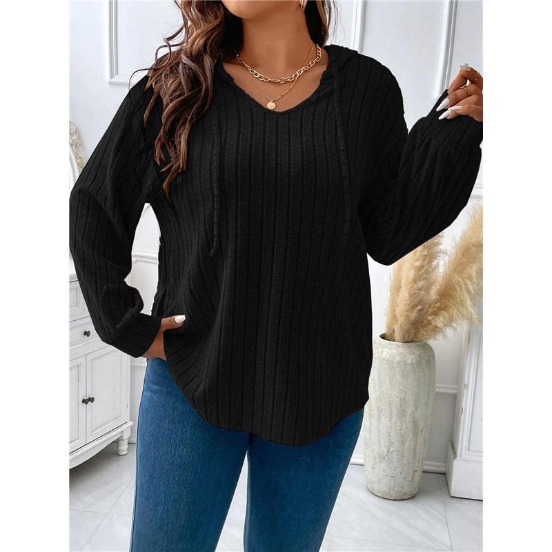 Pullover Women's Solid Color Large Size Comfortable Blouse V-neck Hooded Long-sleeved Pit Strip Brushed T-shirt Loose And Casual