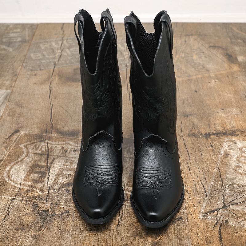 Autumn and winter new high boots boots cowboy boots embroidered pointed high heel western size leather boots