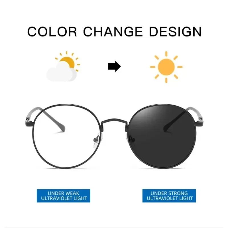 Photochromic Metal Round Glasses Anti Blue Light Universal Flat Clear Eyewear Frame for Men Women