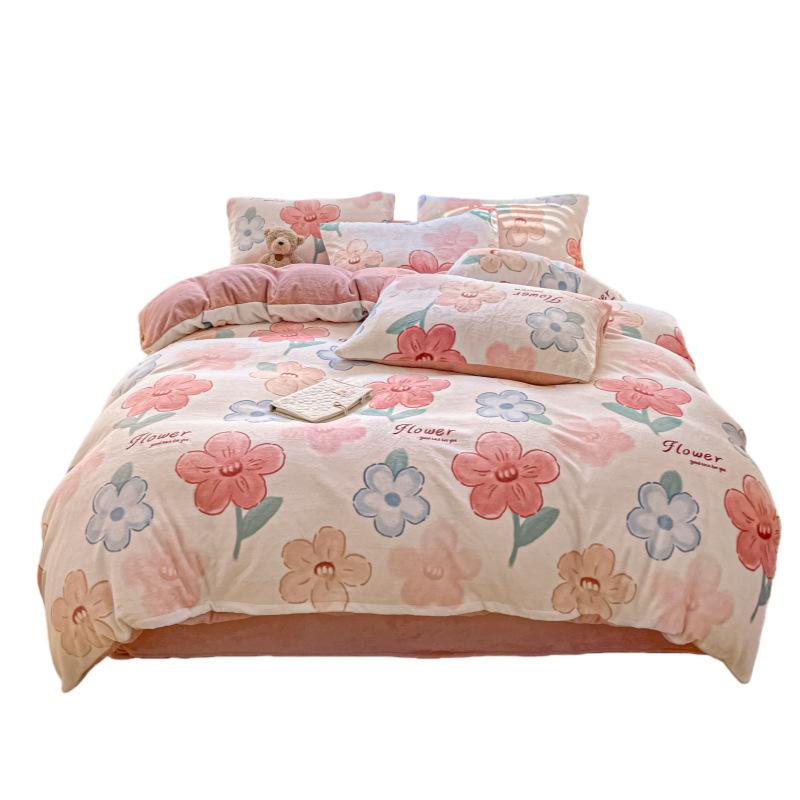 Thickened Milk Fleece Bed Four-Piece Set Warm Student Dormitory Quilt Cover Flannel Three-Piece Set