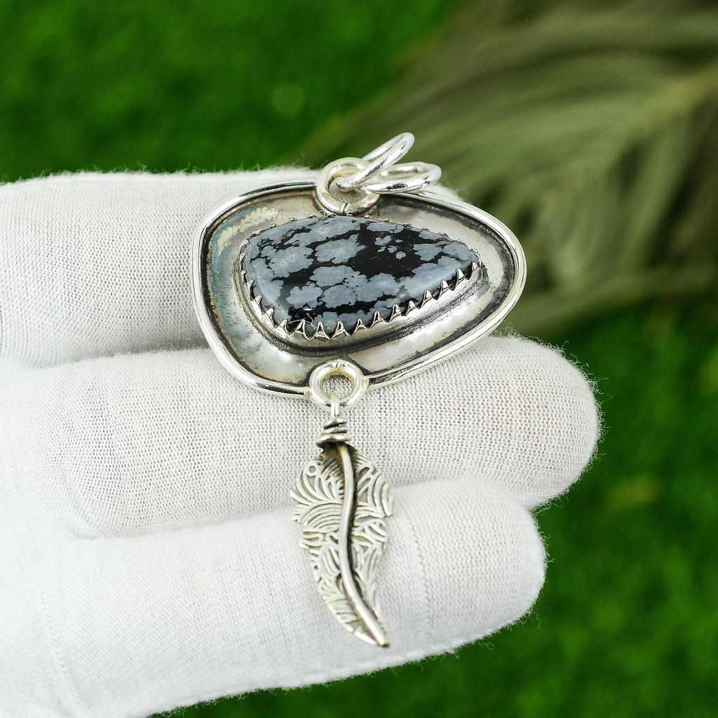 Jubiläumsgeschenk für sie Natürlicher Schneeflocken-Obsidian Edelstein Anhänger 925 Silber