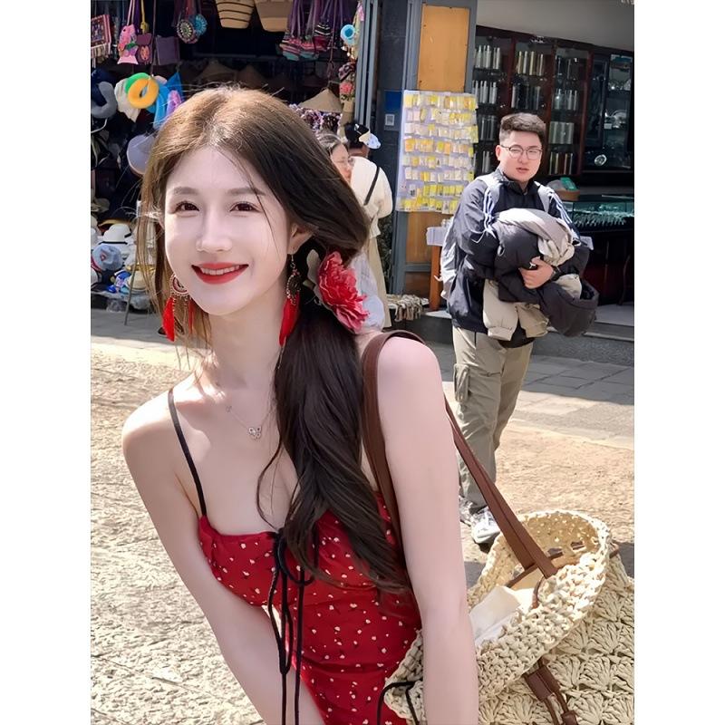 Red seaside vacation wind floral suspender dress female summer spice girl waist thin straps short skirt tide