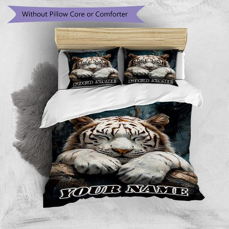 3PC Custom Name "White Tiger Dreams" Bedding Set Duvet Cover Closure Includes 1 Duvet Cover & 2 Pillowcases for Bedroom