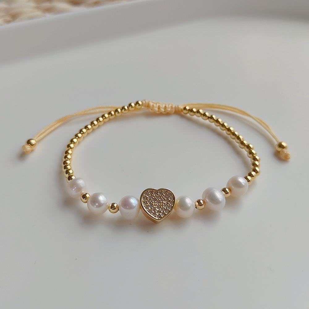 European-American Micro-Diamond Moon Jewelry: Pearl and Gold-Plated Bead Bracelet
