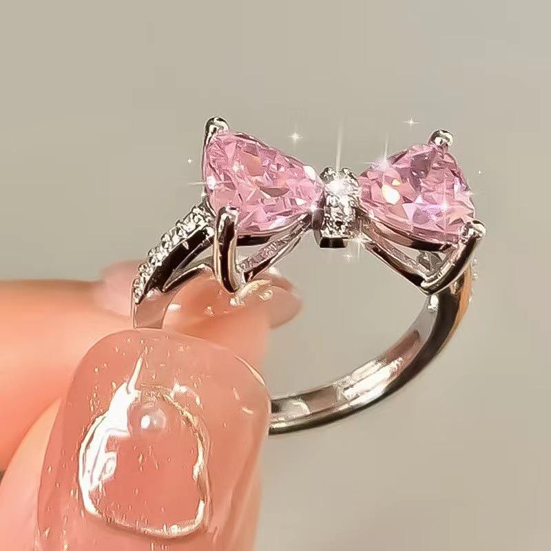 Pink Diamond Bow Ring - Exquisite French Luxury Princess Style, Romantic Open Design for Women and Girls, Perfect Sweet Gift for Girlfriend