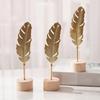 Golden Leaf Sculpture with Wood Base Ornament Ginkgo Palms Leaves Statue Figurine Table Adornment Office Desktop Decor