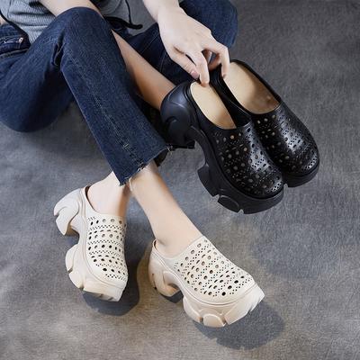 Cuir Véritable Semelles Épaisses Pantoufles d'Extérieur Vintage Découpé Respirant Chaussures à Plateforme pour Femmes