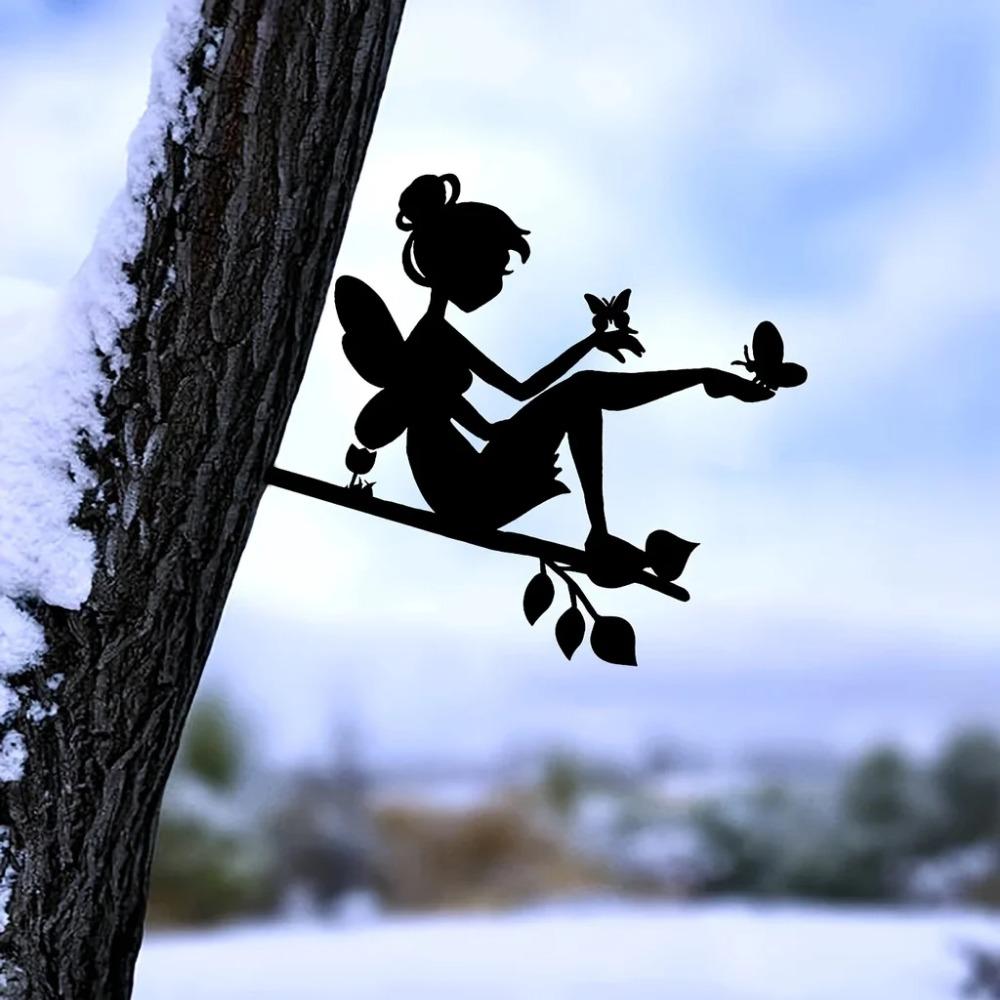 1 szt. Wróżka Motyl na Gałęzi Stalowa Sylwetka Metalowa Sztuka Ścienna Dom Ogród Podwórko Patio Dekoracja Statua Zewnętrzna Idealna