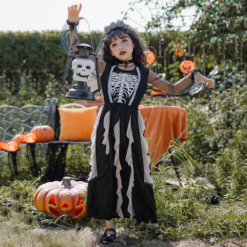 Halloween Costumes Kids Girls Dark Demon Ghost Bride Long Dress Vampire Skull Zombie Costumes Kids Costumes