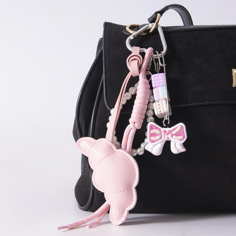 Cute Croissant Pendant Light Versatile High-quality Beaded Bag Accessory New Fashionable Simple Bow Shape Braided Rope Keychain