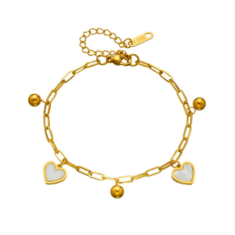 Gold Plated Paperclip Chain Bracelet with Mother of Pearl Heart Charms Fashion Jewelry for Women
