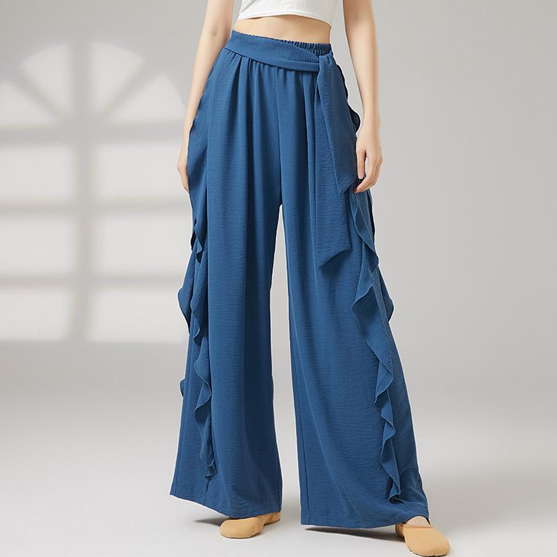 

Classical Dance Pants Women Ruffles Splicing Side Loose Wide-Leg Trousers Elastic Waist Soft Yoga Daily Stage Training Dancewear XL синій