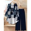 Geometric Pattern Print Two Piece Outfit Women Long Sleeve Irregular Hem Tunic Top Wide Leg Pants Casual Matching Set