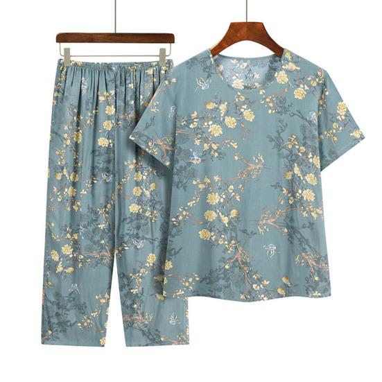 2Pcs/Set Women Pajamas Set Floral Print Short Sleeve Elastic Waist Wide Leg Pleated Trousers T-shirt Pants Set Mid-aged Grandmother Homewear Set