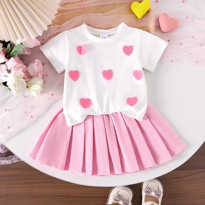 Girls Fashion Suit Summer Children's Round Neck Love Short Sleeve Top Solid Color Pleated Skirt Two-piece Set