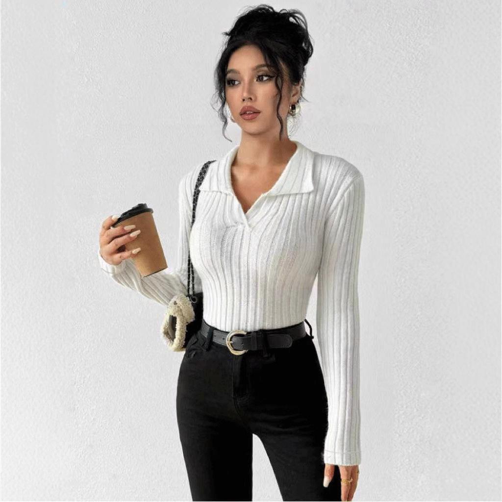 2025 Höst/Vinter Dam Enfärgad Slim Fit V-ringad Långärmad Ribbad T-shirt.