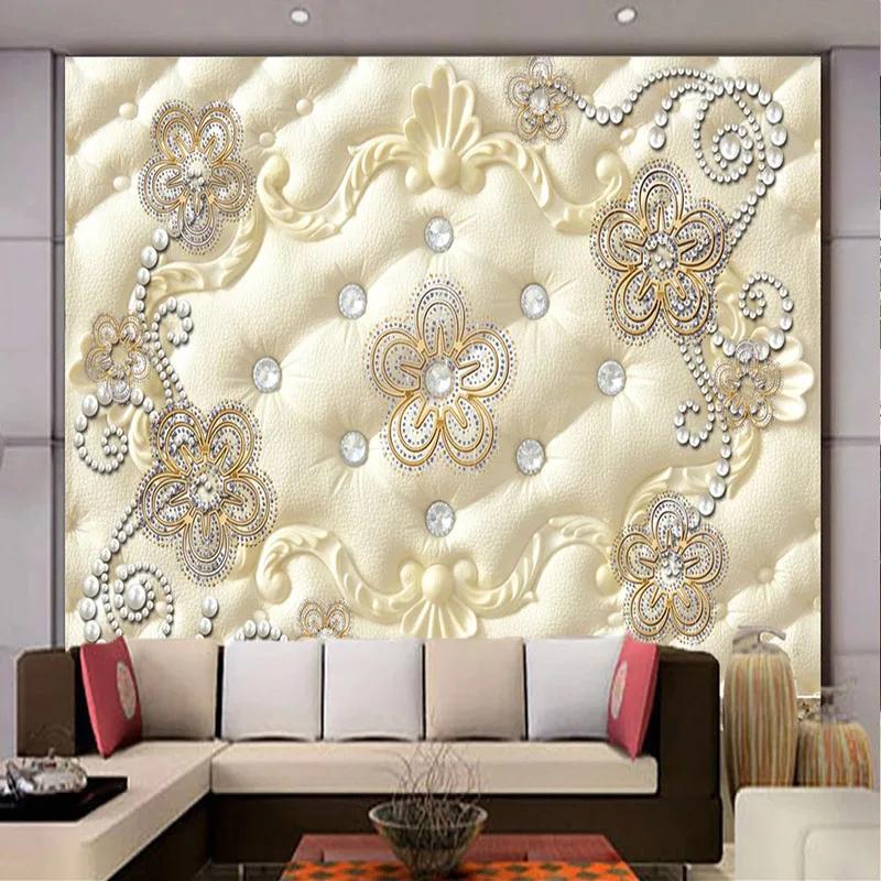 European Style Mural Wallpaper 3d Stereo Soft Roll Pearl Jewelry Flower Fresco Living Room Luxury Decor 3d Sticker Mural