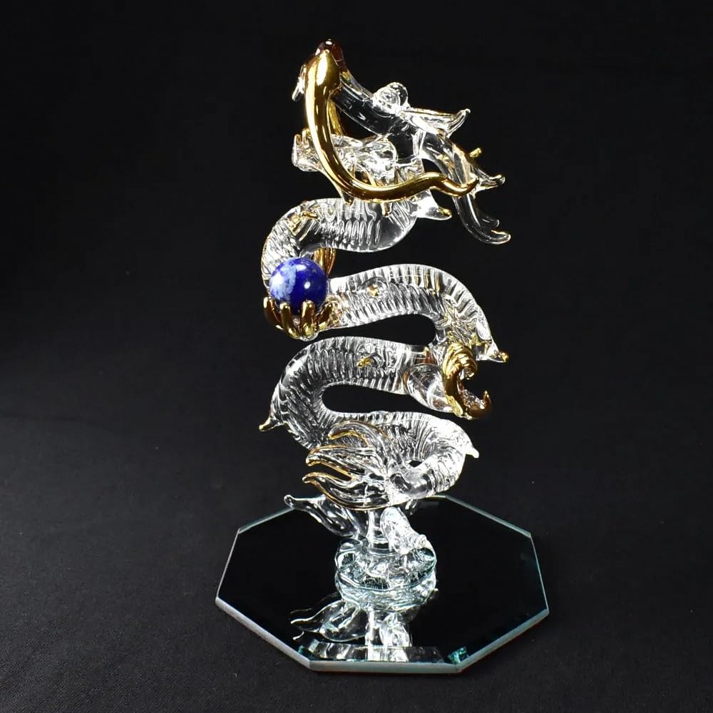 Fourcart Cute Handmade Glass Craft with Natural Stone Rising Dragon (Lapis Lazuli)