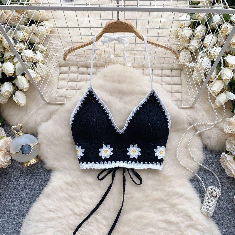 Fresh Crocheted Open Back Sling Bottoming Shirt Halterneck