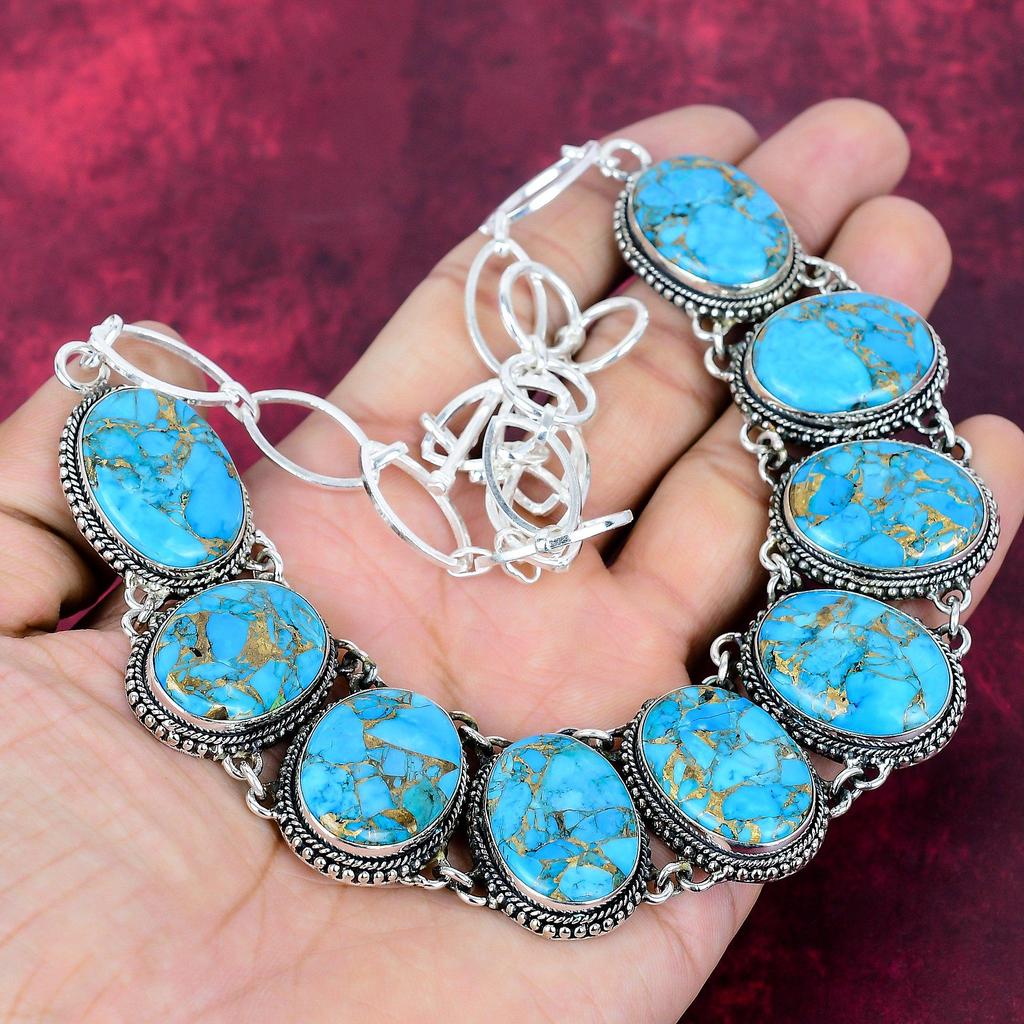 Blue Copper Turquoise Handmade Gemstone Necklace, 925 Solid Sterling Silver Necklace Antique Jewelry, For Thanksgiving