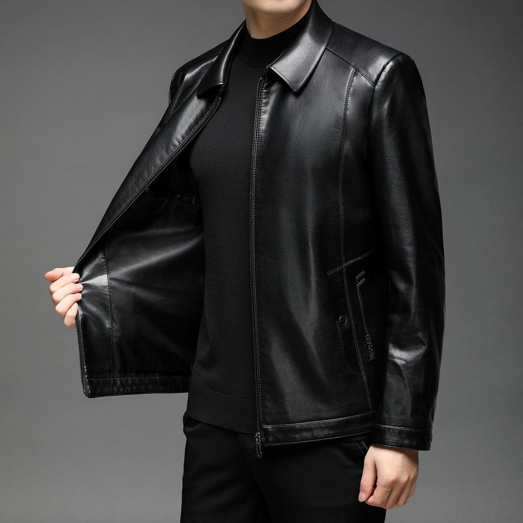 New Men's Lapel Leather Jacket Middle-aged Men's Business Casual Zipper PU Leather Jacket