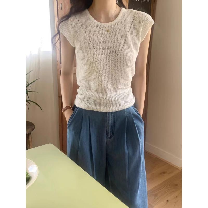 Fashion Summer Thin Ice Silk Women Knitted Sweater Short Sleeved Women's T-shirt O Neck Casual Simple Office Slim Fit Lace-up Elegant Hollow Out Top