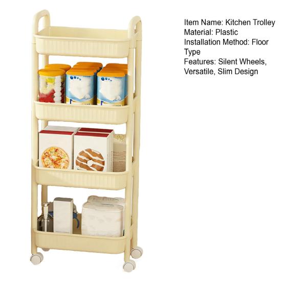 Kitchen Trolley Food-Grade Plastic 2/3/4-Tier Storage Cart with Silent Wheels Slim Design Snacks Apartment Storage Trolley
