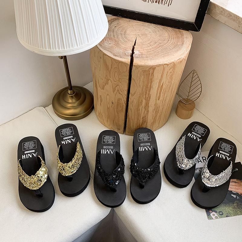 Glitzer, Zehensandalen, Damen, Keilabsatz, Dicke Sohle, Hausschuhe, Strandschuhe, Pantoletten, Glänzend, Damenpantoletten