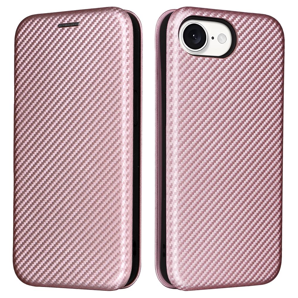 

For iPhone 16e Case Carbon Fiber Texture Drop-Proof PU Leather Phone Cover Rose Gold