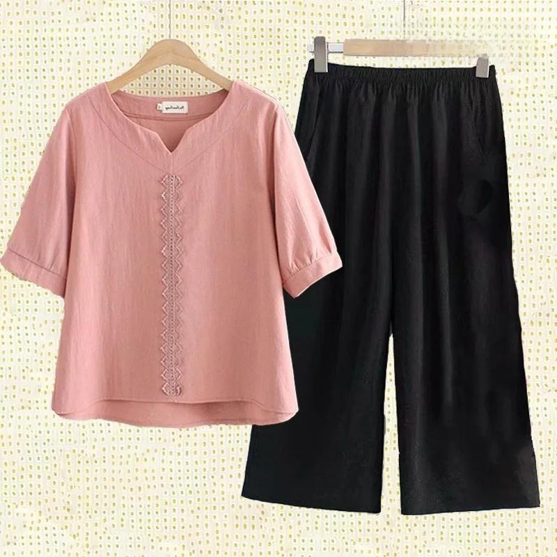 

Повседневный хлопково-льняной комплект для мамы Летний модный костюм из двух предметов для людей среднего и пожилого возраста Удобный дышащий M розовый