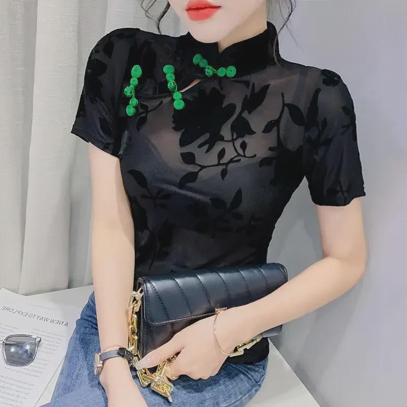 2022 Summer Retro Chinese Frog Button Mesh Blouse