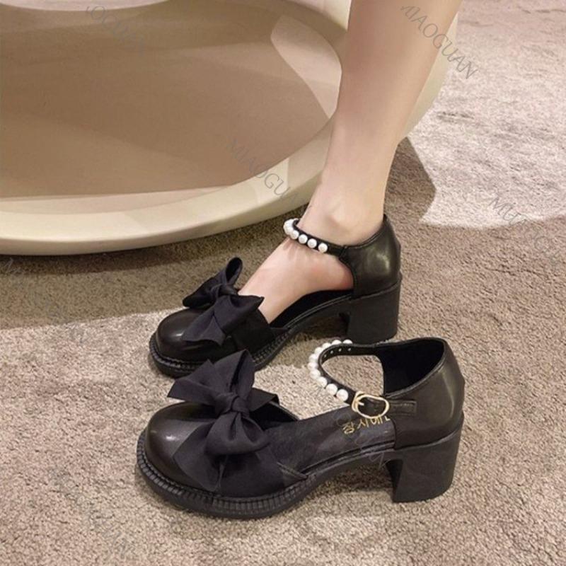 Fashion Bow Pearl High Heels Ladies Mary Jane Shoes Summer New Ankle Buckle Versatile Women Pumps Fashion Beige Black Heels for Women