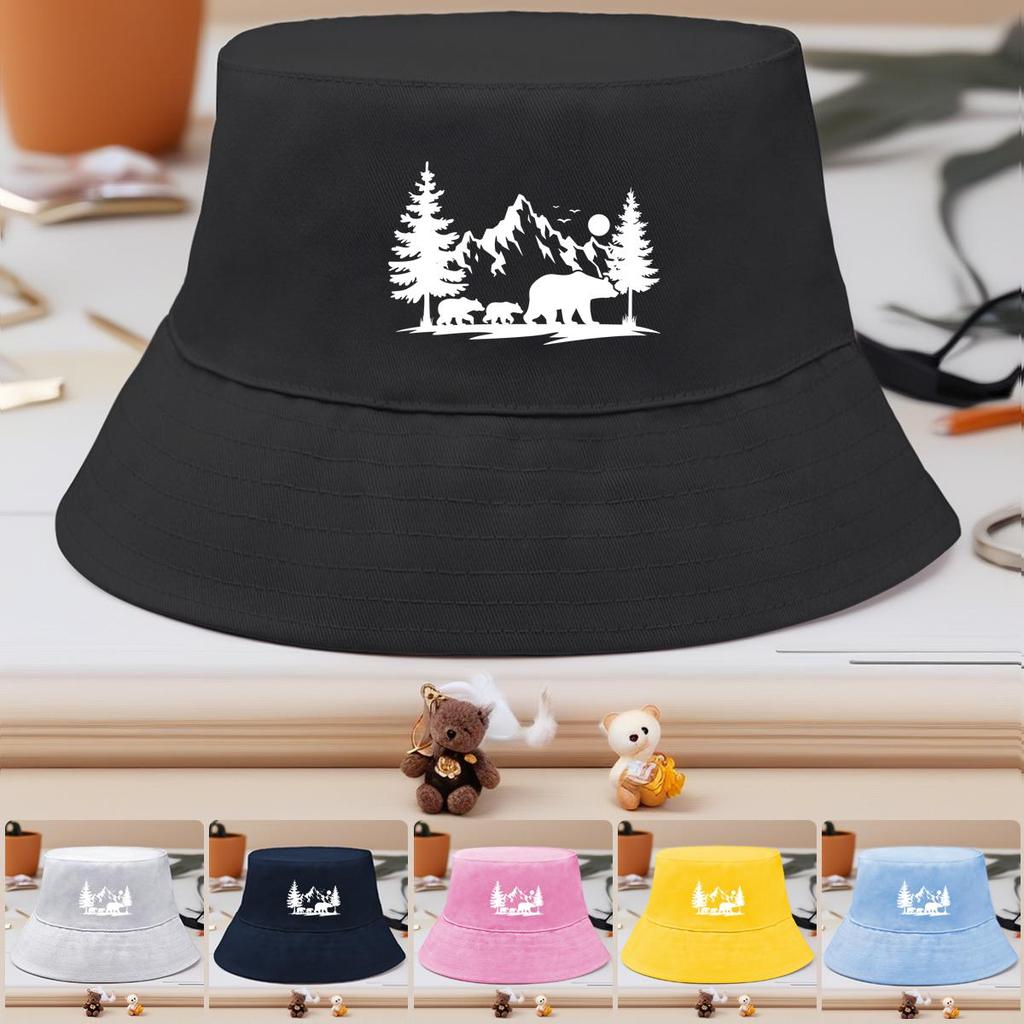Bucket Hat With White Forest Mountains Print , Animal Fisherman Hat Solid Color Beach Simple Beach Cap