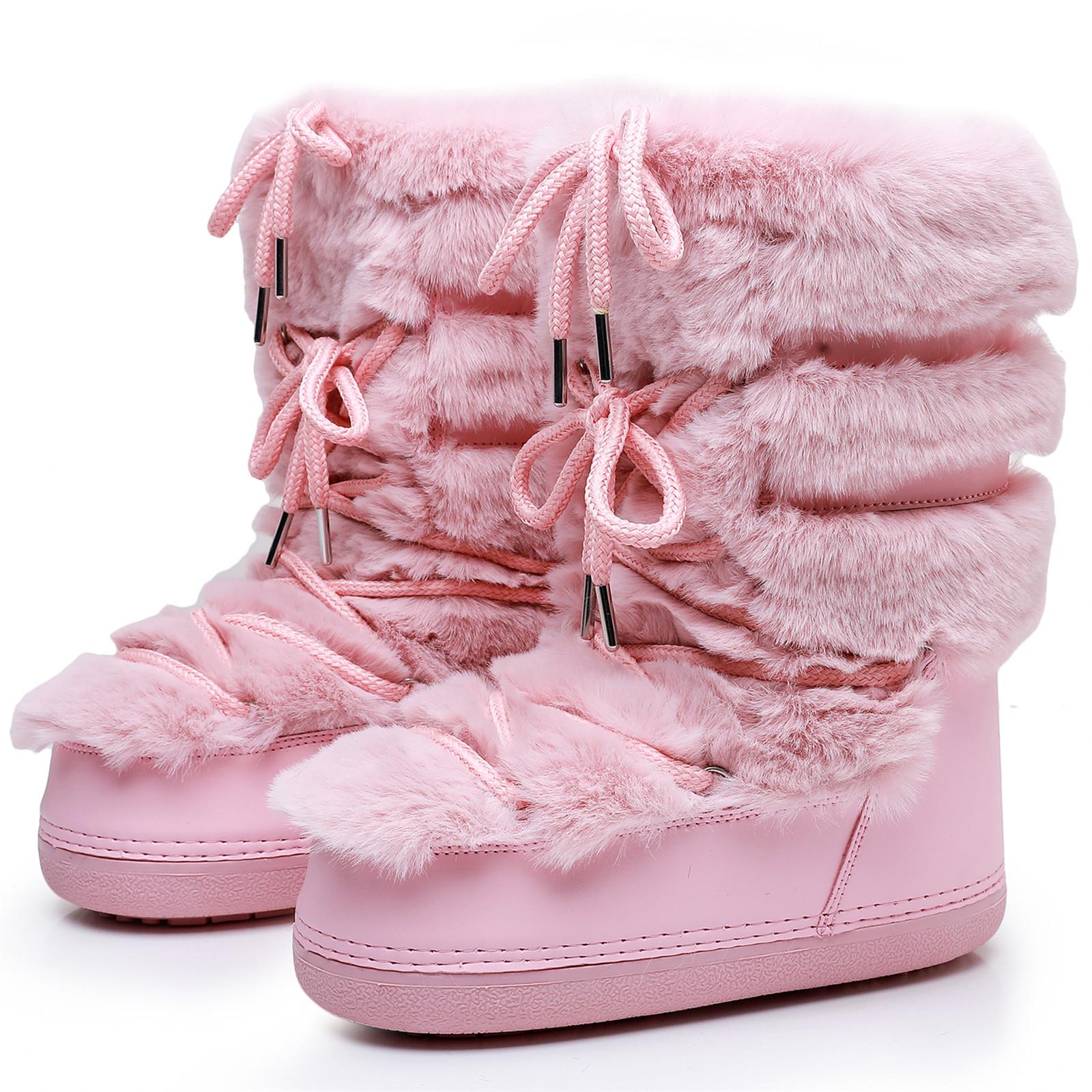 

Women Fur Boots Mid-calf Lace-up Snow Boots Luxury Furry Rabbit Fur Fluffy Fur Boots Female Waterproof Platform Cotton Ski Boots 41-42