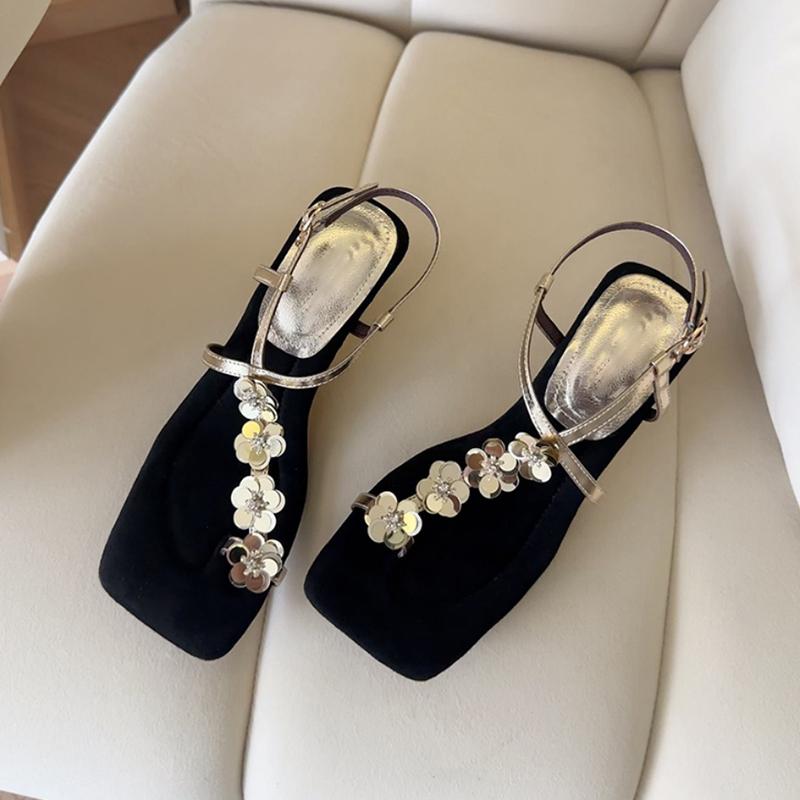 

Lan Cabinet Home~ French Square Head Niche Design Sequins Flower Set Toe Sandals Women s Soft Sole with Skirt Wedge Heel Sandals 35 золотой