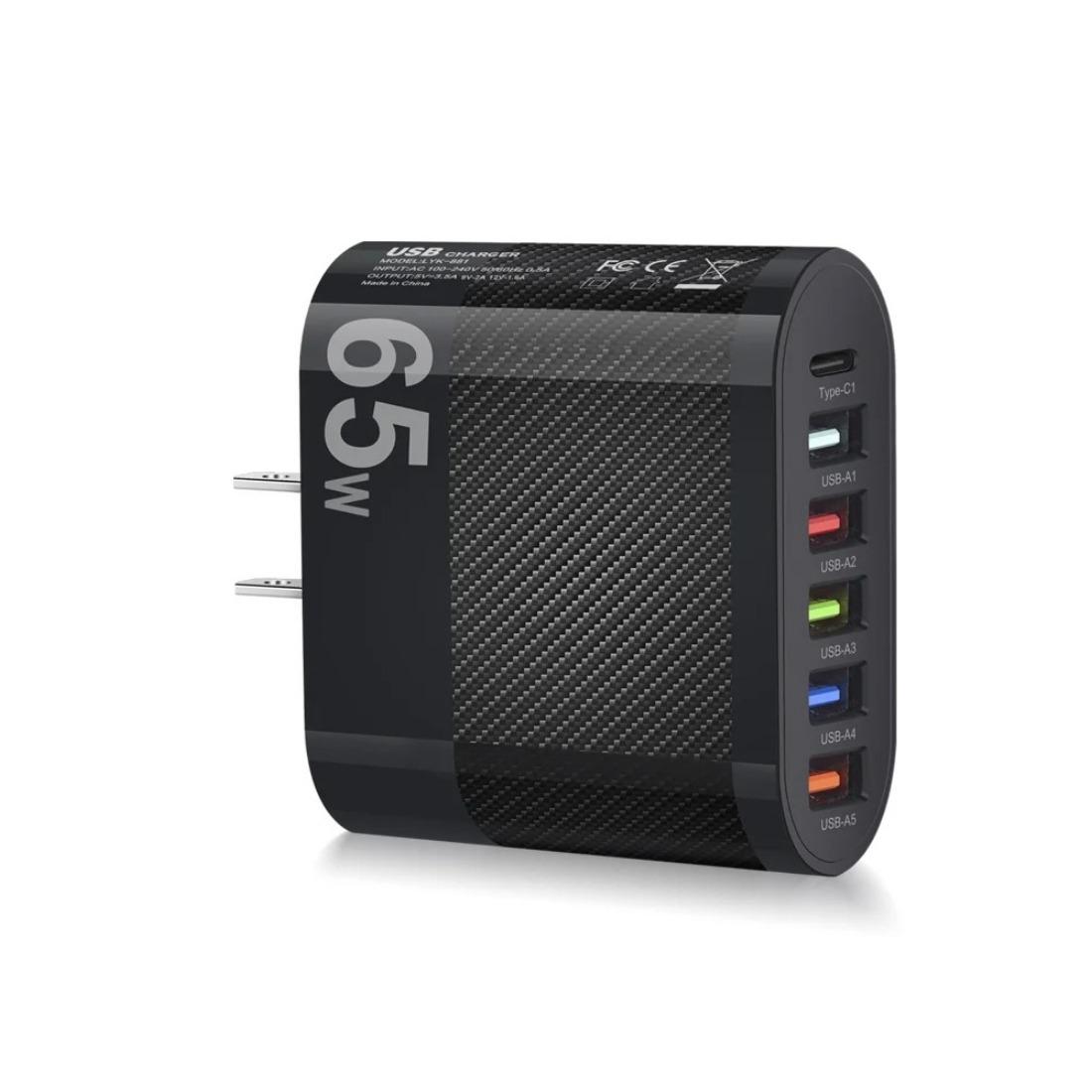 

65W 6 In 1 5 USB 1 Type C Quick Charging Fast Wall Charger for IPhone Samsung Xiaomi Huawei Oppo Mobile Phone Adapter US Plug чорний