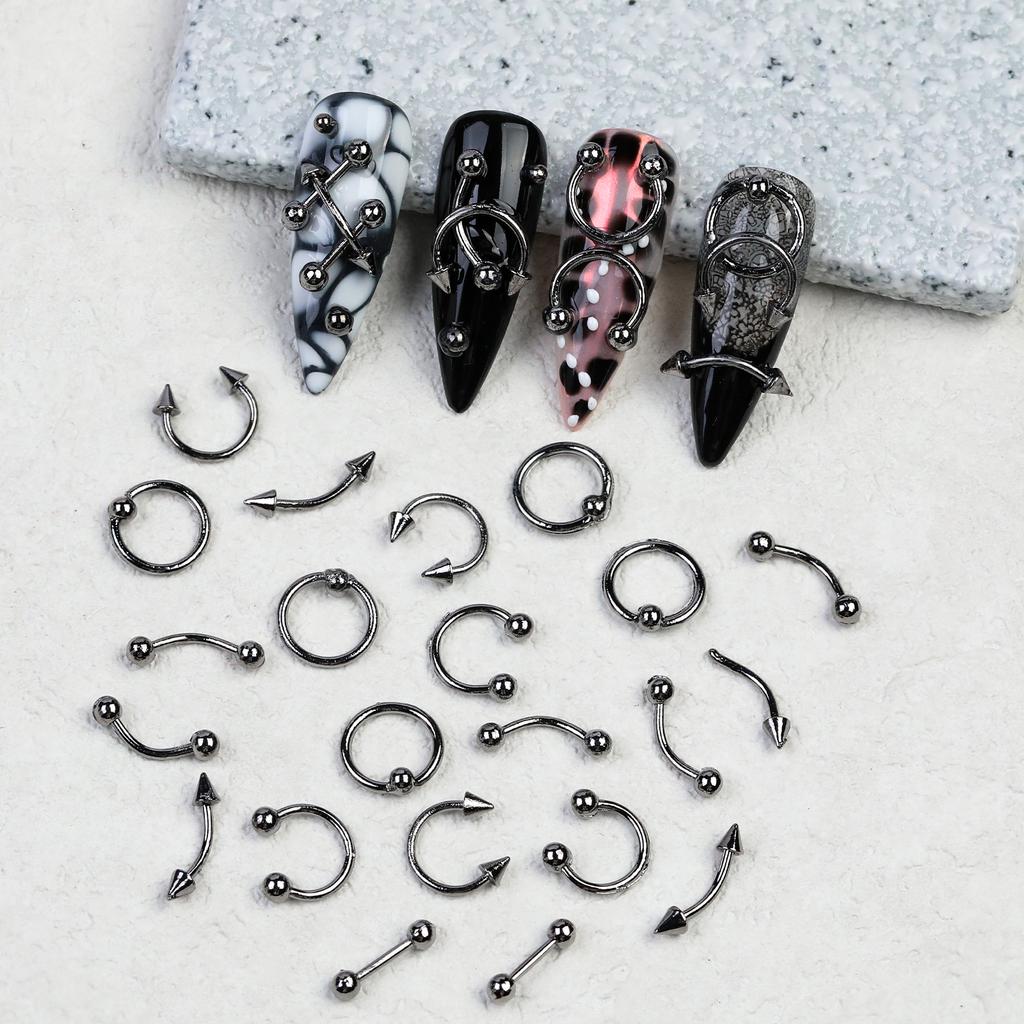 30pcs 6Grids Mixed Shaped Punk Arrow Nail Rivets Zinc Alloy Jewelry Y2k Nails Supplies DIY Nail Art Decoration Cool Style