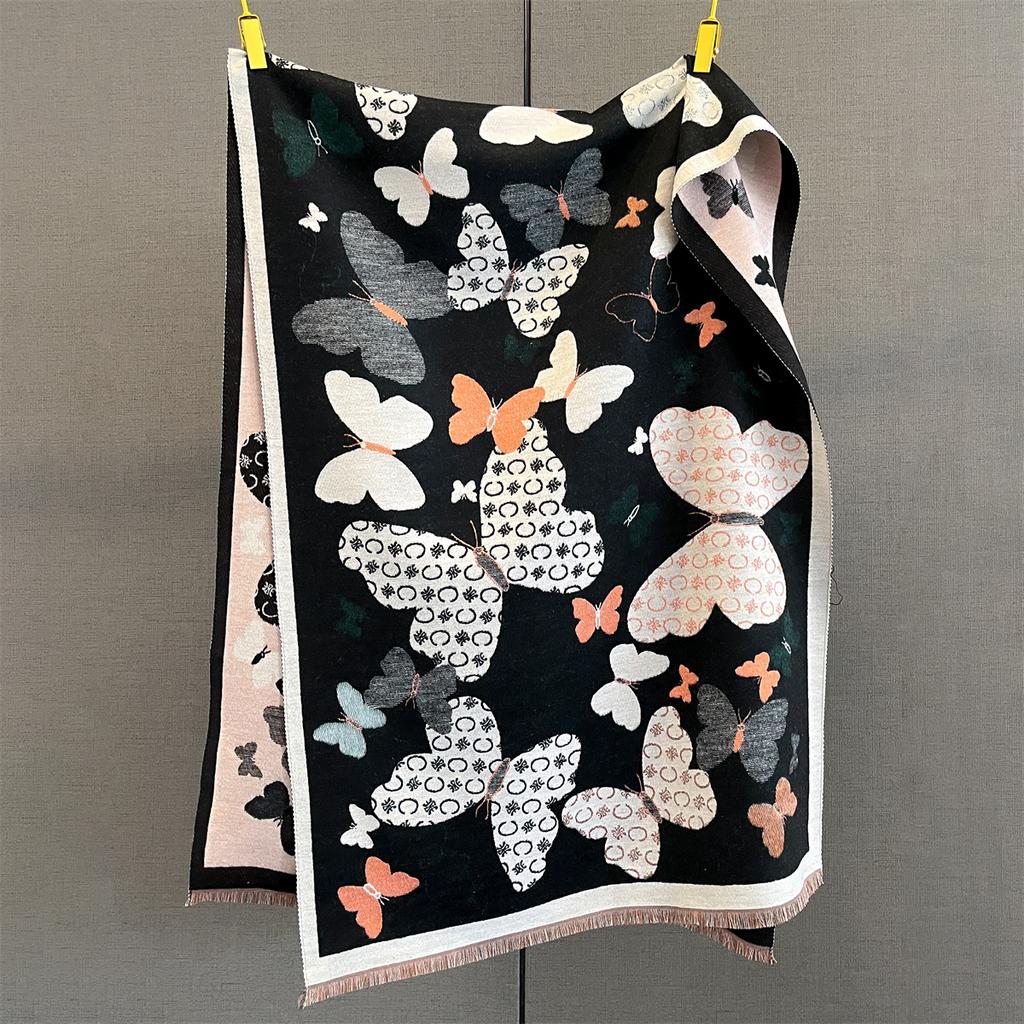 185*65cm Tassel Scarf Autumn/Winter Warm Scarf Women's Butterfly Print Imitation Cashmere Thick Shawl Warps Coldproof Blanket