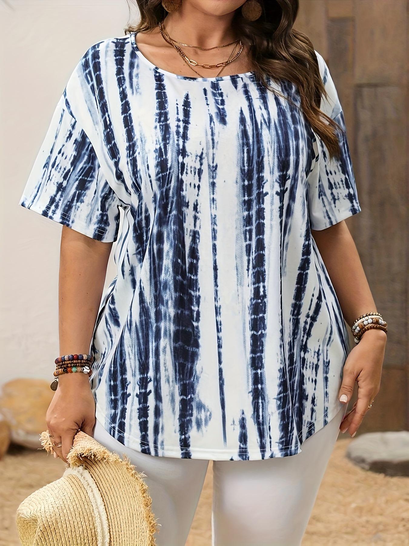 2025 Spring/Summer Women s Tie-dye Print Casual Fashion Short Sleeve Top 2XL синий