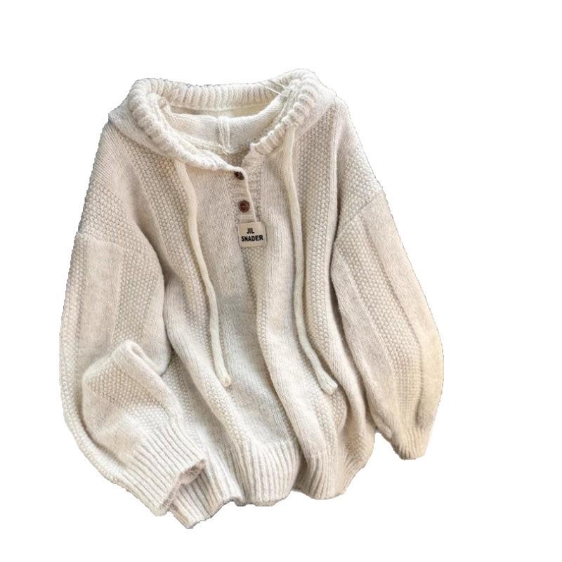 2026 Autumn/Winter Korean Loose Fit Hooded Sweater for Women - Soft, Thickened Knit with Drawstring.