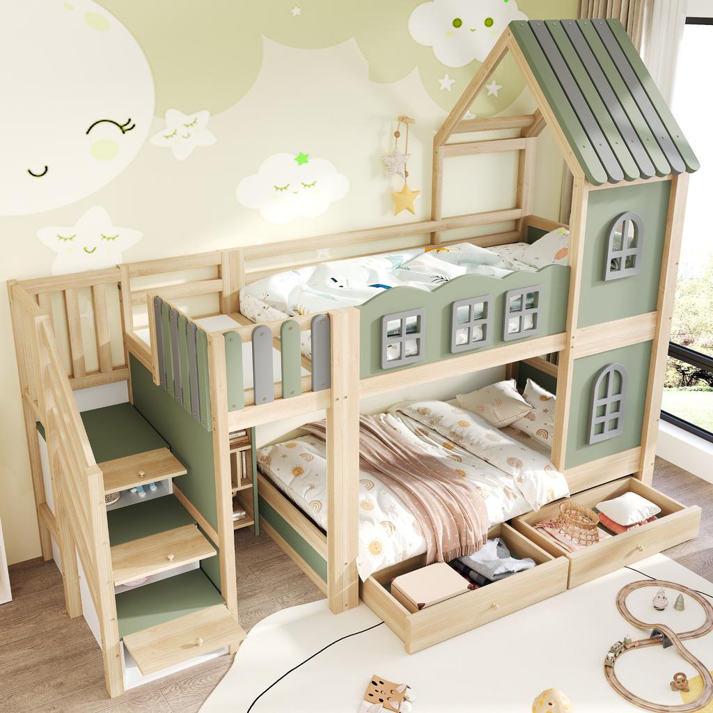 Kinderhochbett 90 x 200 cm, Wolkenförmige Bettgitter, Dach mit Fenstern, Stauraumleiter, Regale, Schubladen, Doppelbett aus Holz für Jungen, Mädchen, Grün