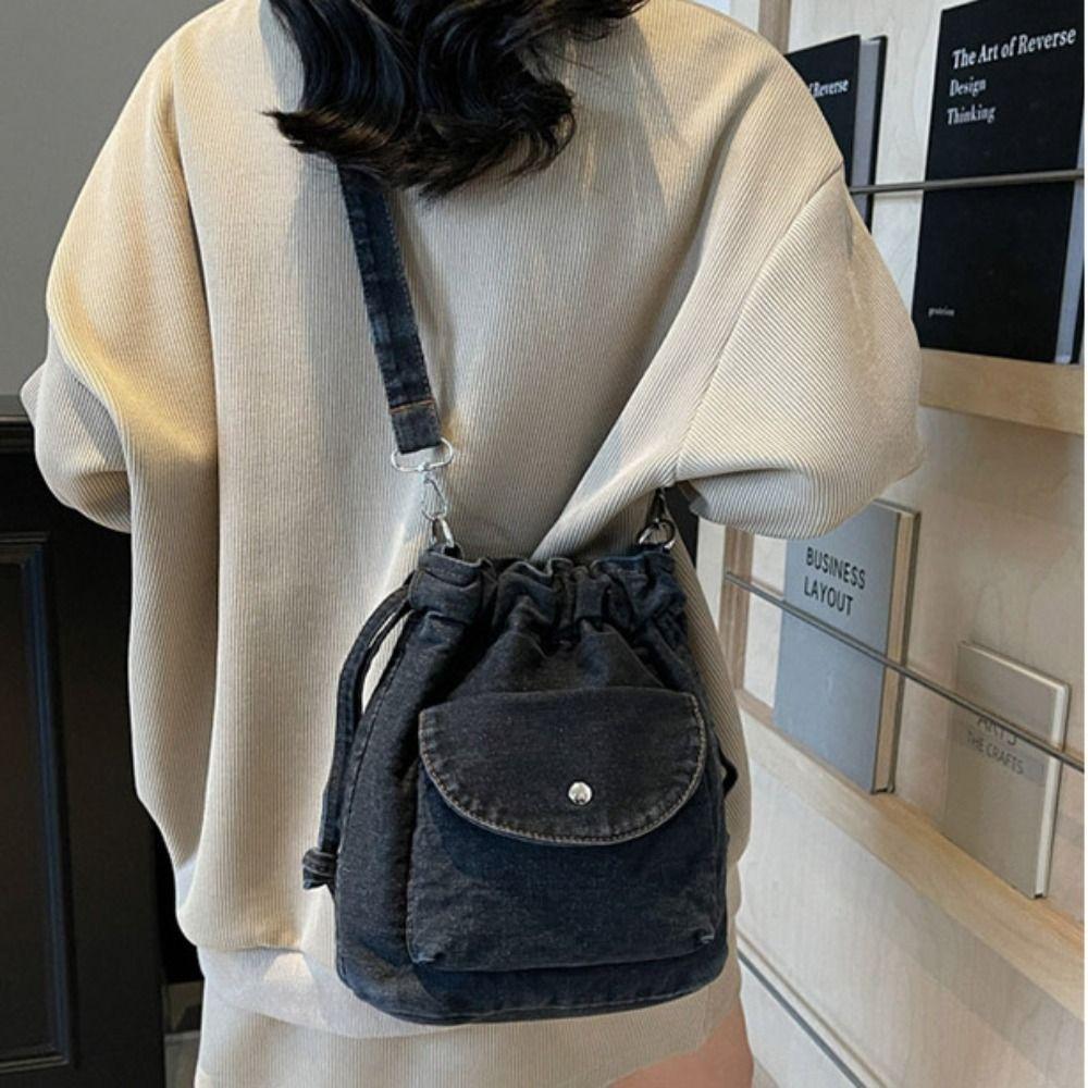 Korean Style Retro Denim Shoulder Bag Crossbody Bag Solid Color Drawstring Bucket Bag Wallet Bags Purse Mobile Phone Bag Men