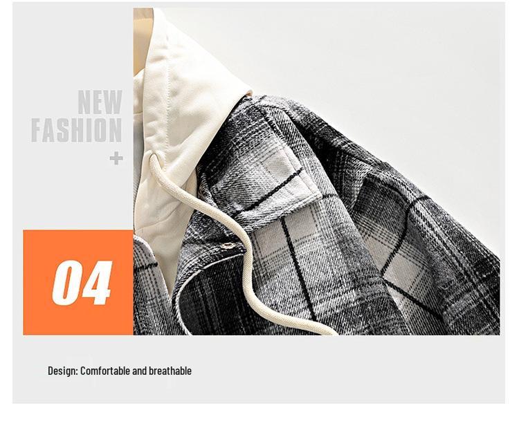 2025 Autumn Men's Retro Plaid Hooded Fake Two-Piece Casual Jacket