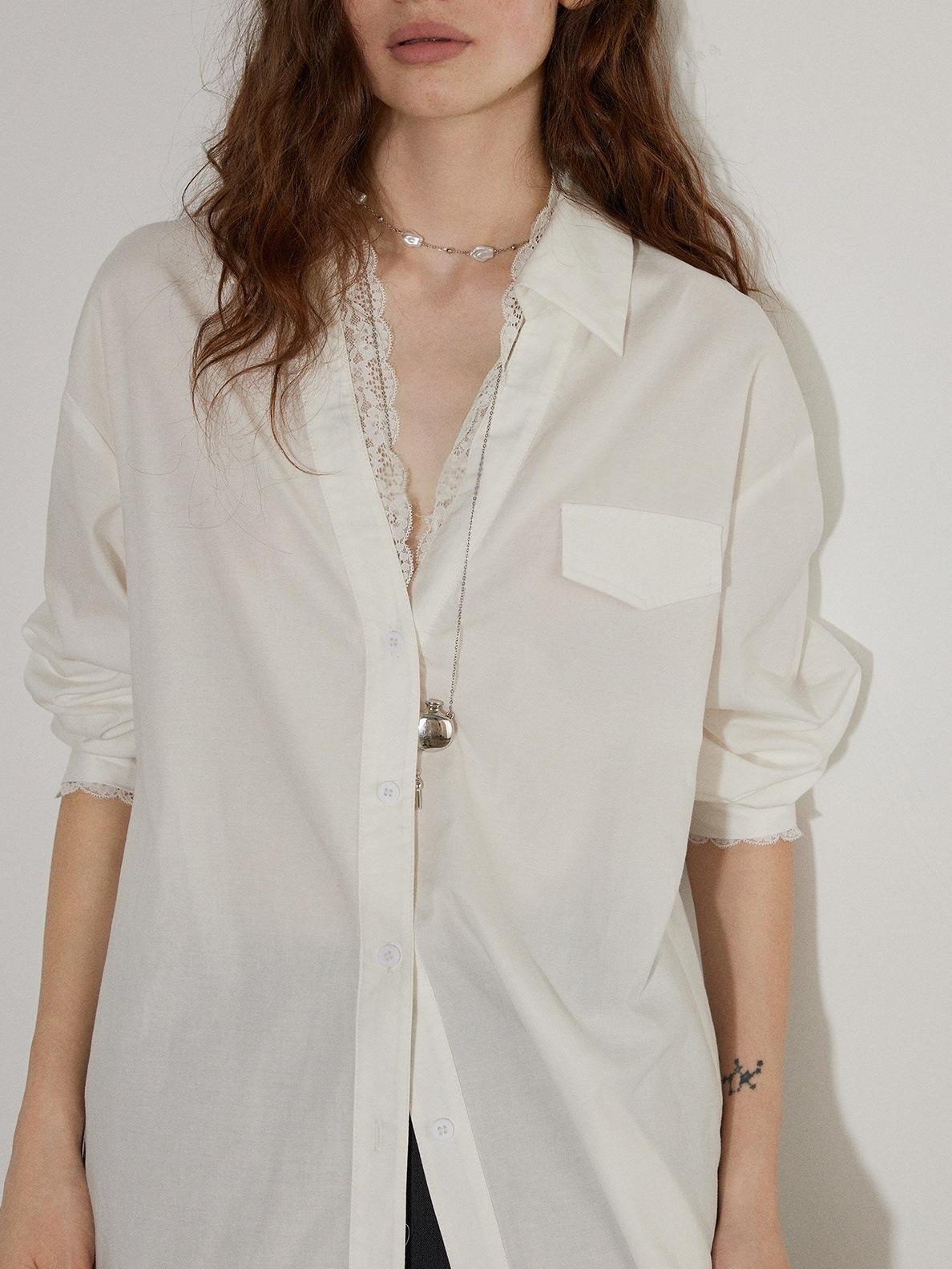 Lofi High-Class Lace Trim V-Neck Women s Long-Sleeve Autumn Top Medium белый