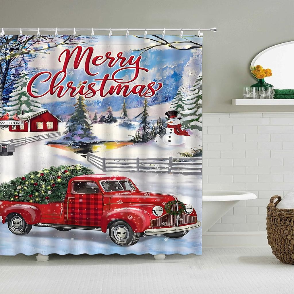 Unframed Christmas Shower Curtain Winter Snowman Snowflake Christmas Tree Red Truck Bell Red Bird Colorful Christmas Ball Bathro