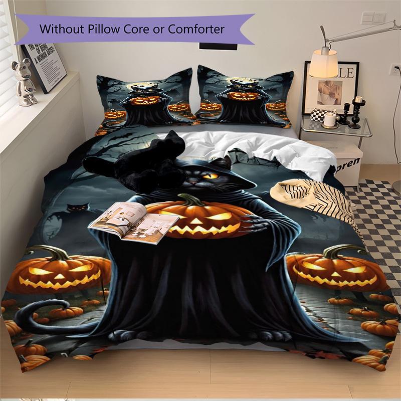 3pcs Cat, Jack-o'-Lantern Duvet Cover Set - Includes 1 Duvet Cover and 2 Pillowcases, No Quilt Core, All-Season Home Decor yy251111007
